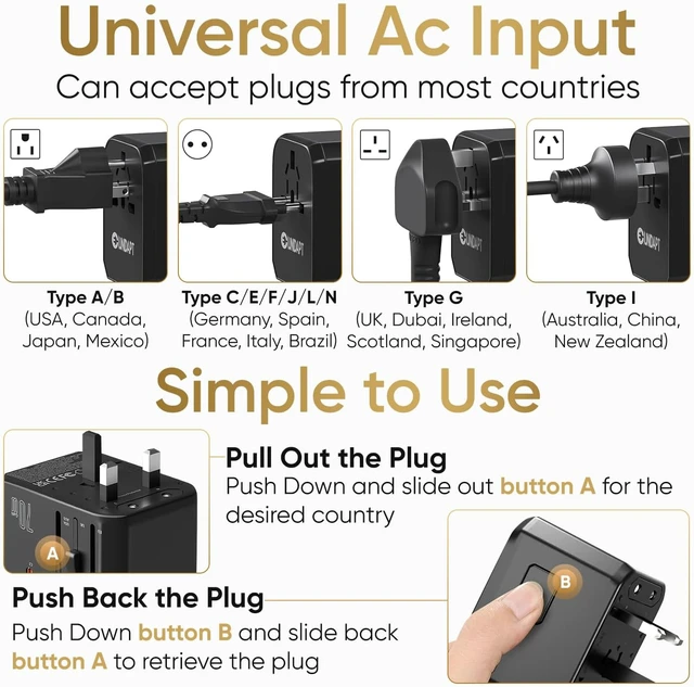 Alt view image 4 of 7 - Unidapt 70W Universal Travel Adapter, USB C PD Fast Charging, Black