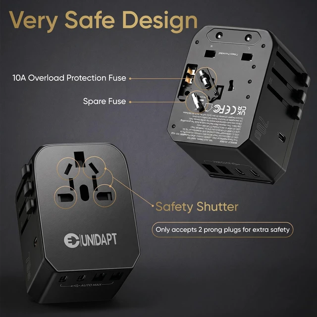 Alt view image 5 of 7 - Unidapt 70W Universal Travel Adapter, USB C PD Fast Charging, Black
