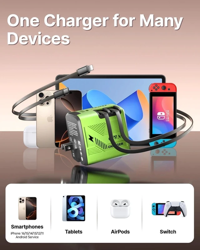 Alt view image 4 of 7 - 120W gan Charger, Super Fast Charger, Retractable Phone Charger Wall Plug