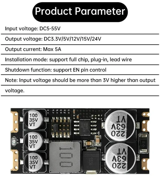 Alt view image 2 of 3 - DC-DC DC Step-Down Power Module 5-55V Input 3.3V/5V/12V/15V/24V 5A Output Support SMD Plug-in Leads Buck Converter