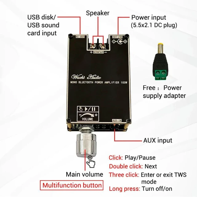 Main image of ZK-1001B Mono 100W Bluetooth 5.1 Audio Power Amplifier Module DC7-24V Power Amplifier Chip TPA3116 With TWS Box Function