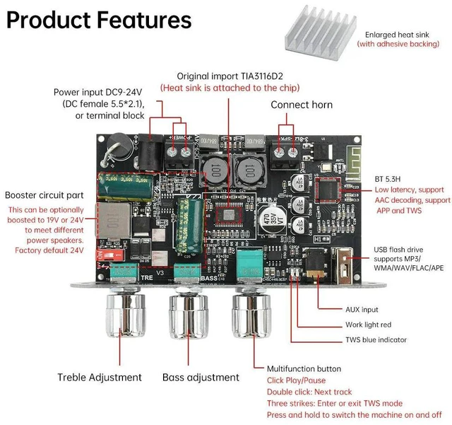 Main image of ZK-1001U 100W BT Mono Amplifier Board Module DC 9-24V Home Theater TPA3116D2 Female Socket 5.5*2.1 Interface
