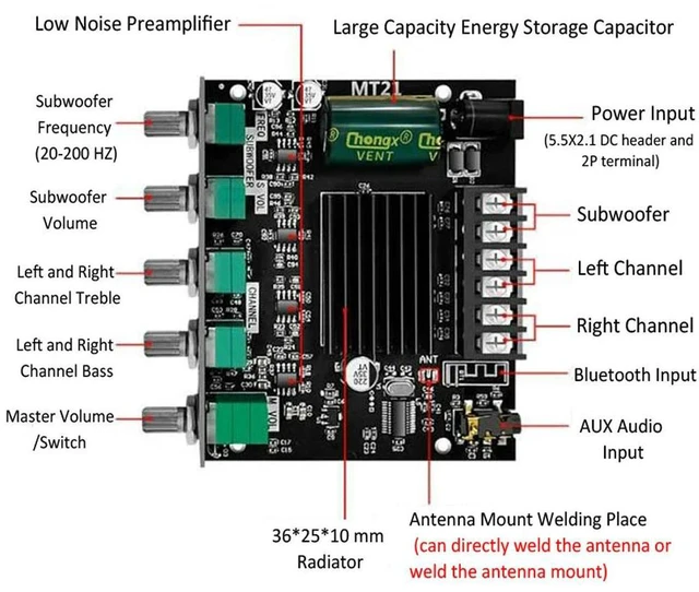 Alt view image 2 of 3 - WOOPKER ZK-MT21 Sound Amplifier Module 2x50W+100W 2.1 Channel Subwoofer Bluetooth 5.0 Digital Power Amplifier Board AUX 12V/24V