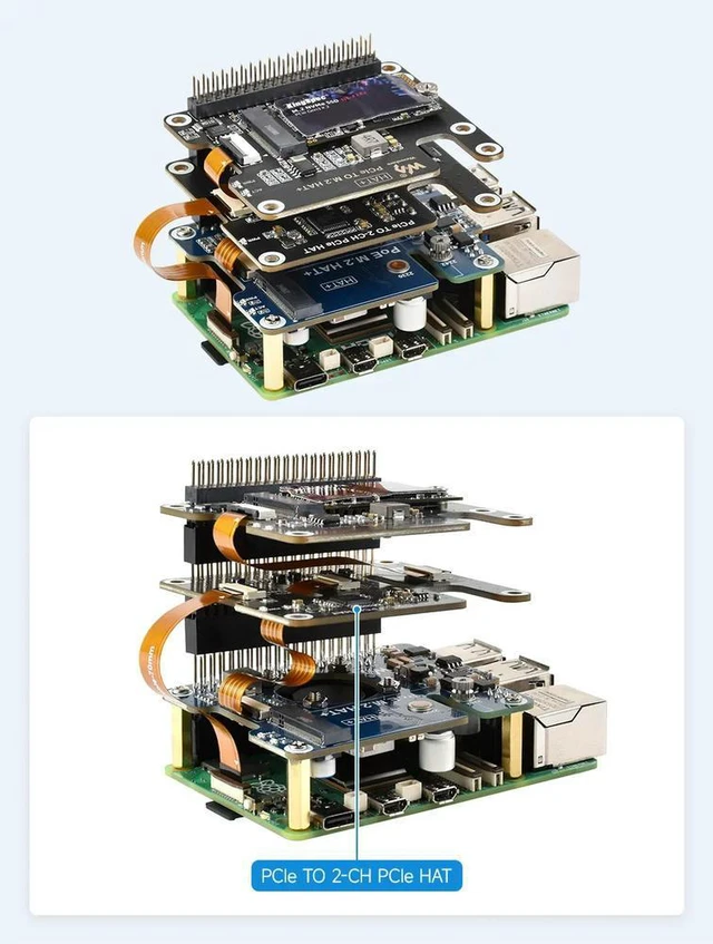 Alt view image 2 of 3 - Raspberry Pi 5 PCIe to 2-CH PCIe FFC Dual PCIe HAT Expansion Board Pi5 Double 16PIN PCIe interface can stack for Raspberry Pi 5