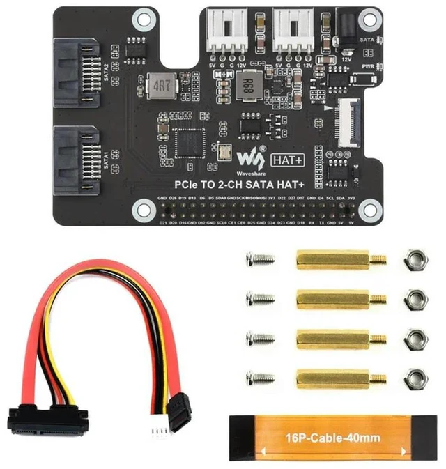Main image of Waveshare PCIe TO 2-CH SATA HAT+ Raspberry Pi 5 PCIe to SATA Expansion Board with EEPROM HAT+