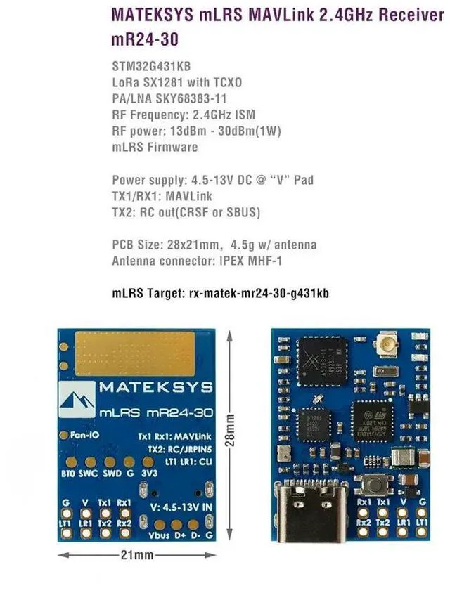Alt view image 2 of 3 - MATEKY MR24-30 2.4GHz LoRa 30 dBm RF power RX MLRS MAVLINK 2.4G RECEIVER For Long Range Rc model