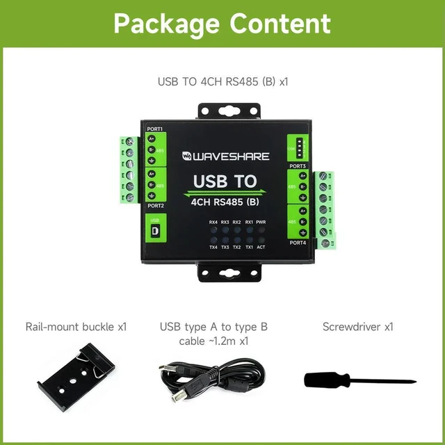Main image of Waveshare Industrial Isolated USB To 4-Ch RS485 Converter (B), CH344L Chip, Multi Protection Circuits, Multi Systems Support