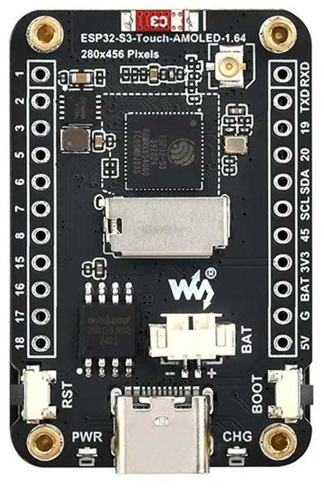Alt view image 3 of 3 - Waveshare ESP32-S3 1.64inch AMOLED Touch Display Development Board, 280×456, Onboard Accelerometer And Gyroscope Sensor