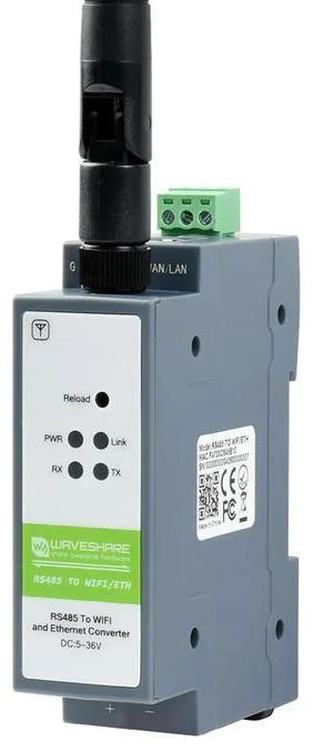 Alt view image 2 of 3 - Waveshare Rail-Mount Serial Server RS485 to /Ethernet Module Modbus MQTT Gateway 5 ~ 36V DC, Screw Terminal WPA-PSK