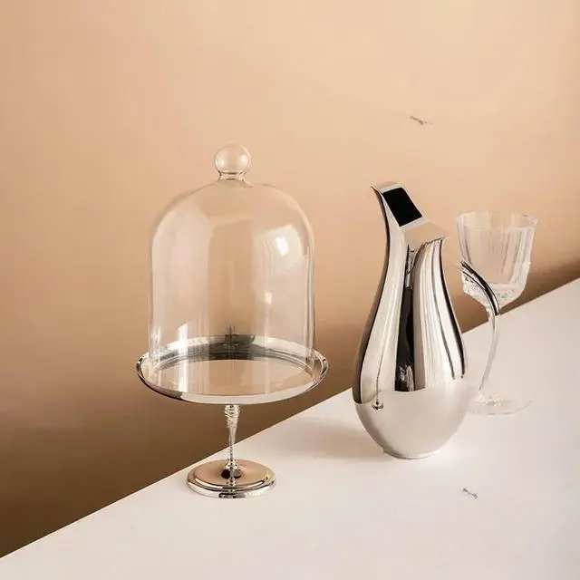 Alt view image 2 of 2 - European ins stainless steel cake display stand with glass cover creative light luxury high-footed dessert pastry tray ornament