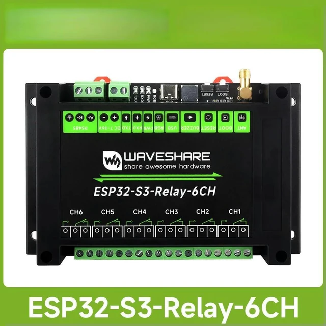Main image of Waveshare Industrial 6-Channel ESP32-S3 Relay Module, Supports / Bluetooth / RS485 control, Onboard RS485 / Pico HAT