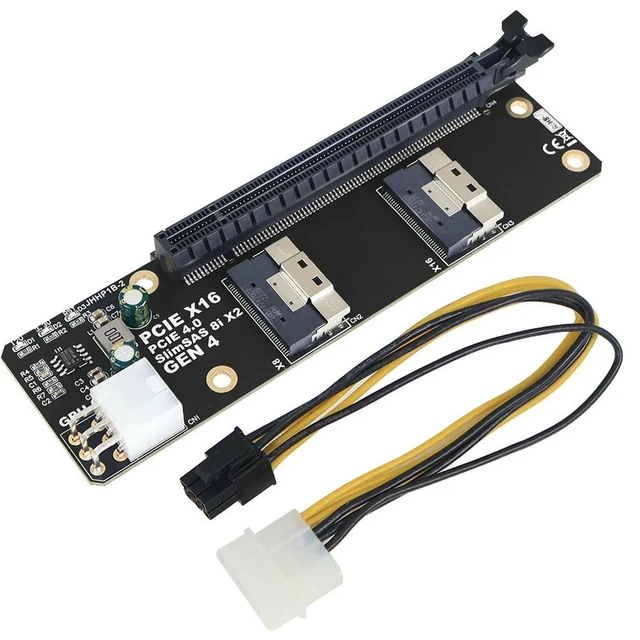 Alt view image 2 of 3 - PCIe 4.0 x16 TO 2Port SlimSAS 8i x2 Adapter Card Board SFF8654 Riser Card GEN4 for Network Card Graphics Card GPU 6Pin Power