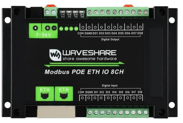 Alt view image 2 of 3 - Waveshare Industrial 8-Ch Ethernet Digital Input/Output Module, Modbus RTU / TCP Protocol, Supports PoE Power Supply