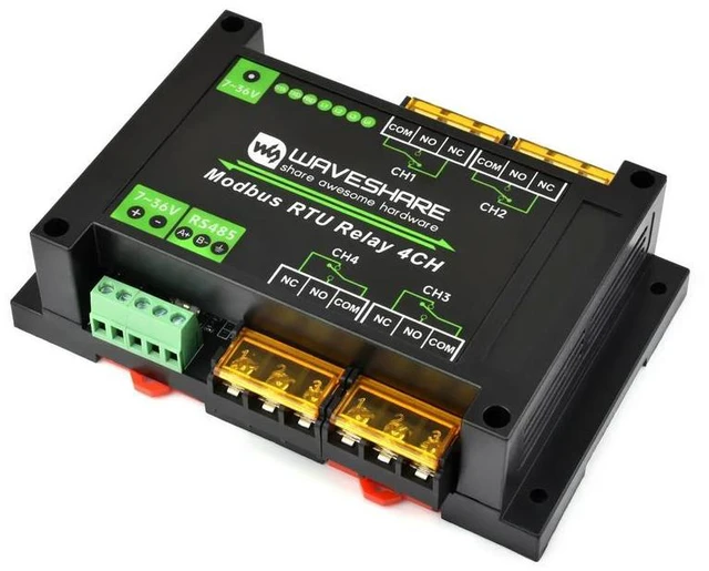 Alt view image 2 of 3 - Waveshare Industrial Modbus RTU 4-ch Relay Module with RS485 Interface, 30A High Current, Onboard LED Indicators