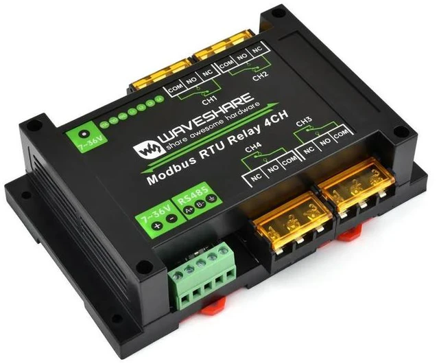 Alt view image 3 of 3 - Waveshare Industrial Modbus RTU 4-ch Relay Module with RS485 Interface, 30A High Current, Onboard LED Indicators