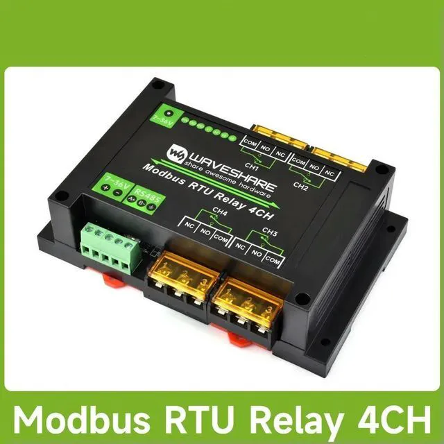 Main image of Waveshare Industrial Modbus RTU 4-ch Relay Module with RS485 Interface, 30A High Current, Onboard LED Indicators