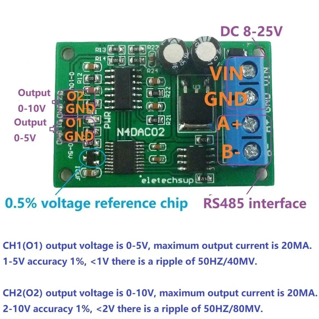 Alt view image 4 of 6 - 1PCS DC 12V 2CH DAC Module 0-5V 0-10V PWM to Voltage Analog Converter RS485 Modbus RTU Board Power Supply For Board