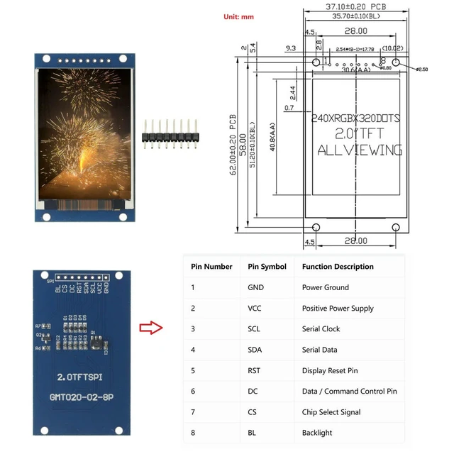Alt view image 5 of 6 - 2.0" HD IPS TFT LCD Display Module 240x320 RGB LCD Screen 3.3V ST7789 Drive SPI Interface 8pin Full Color for