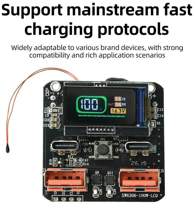 Alt view image 6 of 6 - 4S PD100W Bidirectional Lithium-Ion Fast Charging Module With Integrated Charger Discharging ColorScreen SW6306 Power Bank Board