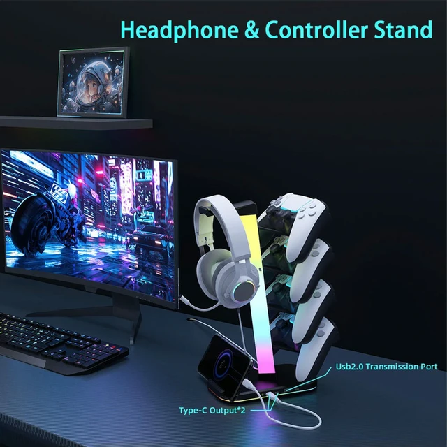 Alt view image 4 of 6 - 3 in 1 Controller Holder & Headset Holder RGB Earphone Stand Gaming Controller Headset Holder for Switch Desk Gaming Accessories