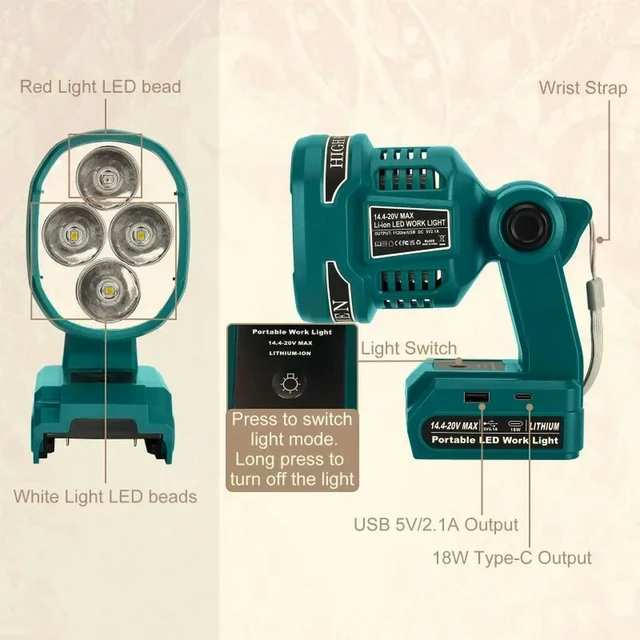 Alt view image 5 of 6 - For Makita 18V Lithium Batteries 1120 Lumens Outdoor Spotlight Flashlight LED Work Light Emergency Lighting