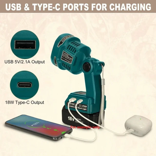 Alt view image 6 of 6 - For Makita 18V Lithium Batteries 1120 Lumens Outdoor Spotlight Flashlight LED Work Light Emergency Lighting
