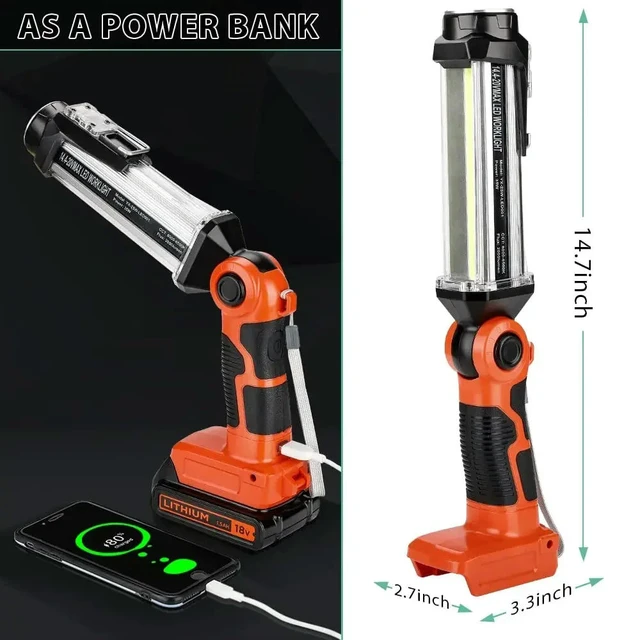 Alt view image 5 of 6 - Outdoor Flashlight Camping Light Rechargeable LED Work Light for Black & Decker 20V Li-Ion with Hook
