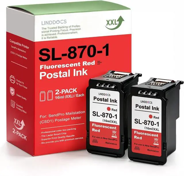 Main image of SL-870-1 XXL Postage Red Ink Cartridge High Capacity Compatible for SL870-1 Fluorescent Red Postal Ink Replacement for Pitney Bowes New SendPro Mailstation Postage Meter (CSD1) -2 Pack