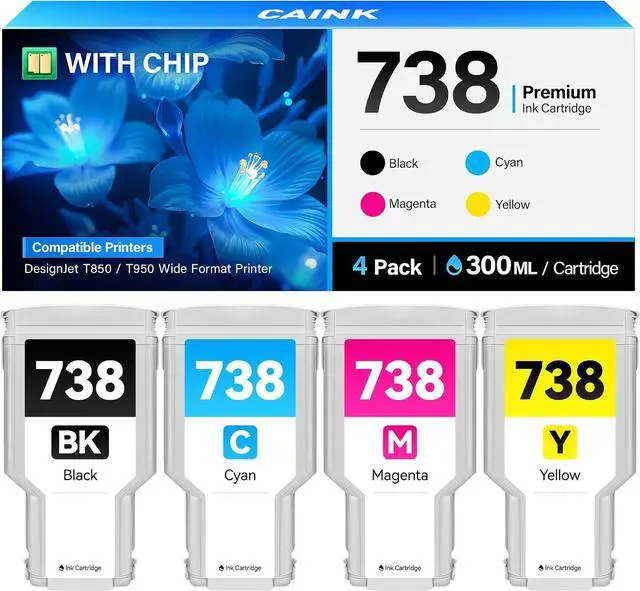 Main image of 738 Ink Cartridges 300-ml 4-Pack High Yield Replacement for HP 738 738XL Ink 498N8A 676M6A 676M7A 676M8A Compatible with HP DesignJet T850 T950 Wide Format Printer Plotters Black Cyan Magenta Yellow