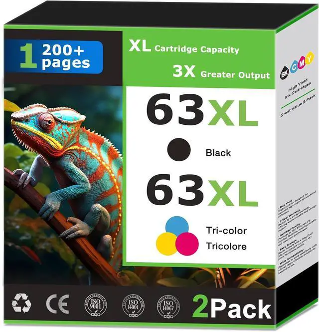Main image of 63XL Ink Cartridges Replacement for HP 63 Ink Cartridges Combo Pack Compatible with HP Printer Deskjet 3630 3634 1112 Envy 4510 4520 Officejet 4650 5258 5200 3830 5255 4655 4652 2-Pack Black Tri-Color