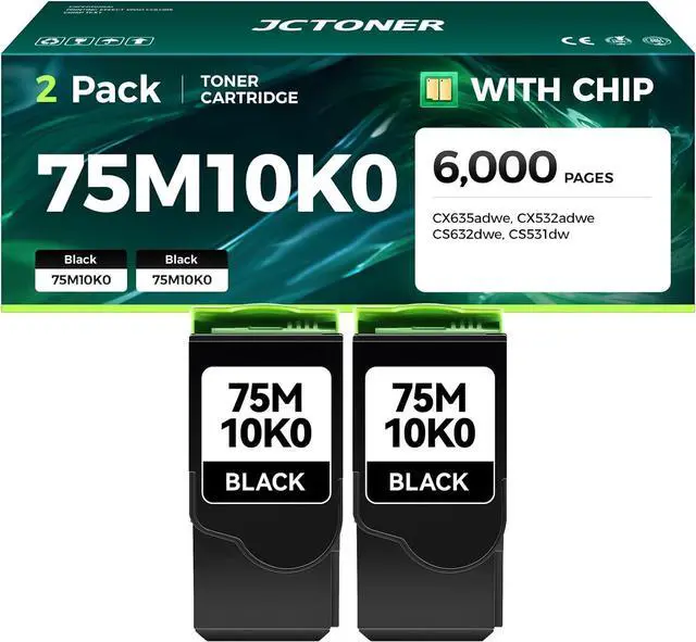 Main image of 75M10K0 Black Toner Cartridge 2-Pack with chip High Yield Replacement for Lexmark 75M10K0 CS531 CX532 CX635 CS632 Toner Compatible with Lexmark CX635adwe CX532adwe CS632dwe CS531dw Laser Printer Ink