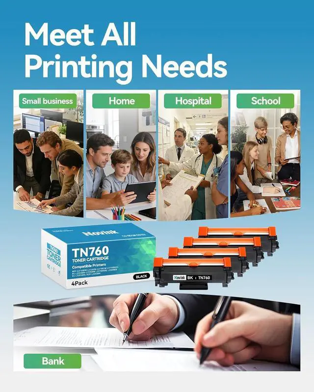 Alt view image 7 of 7 - Compatible TN760 Black Toner Cartridge 4 Pack Replacement for Brother TN760 TN730 for MFC-L2710DW MFC-L2750DW HL-L2350DW HL-L2370DW HL-L2395DW L2390DW DCP-L2550DW Office Business Printer High Yield