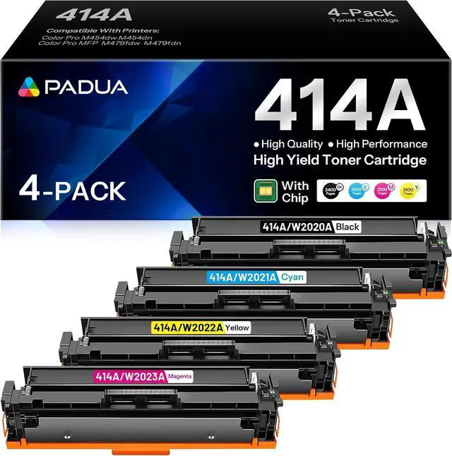 Main image of Padua 414A Toner Cartridge 4 Pack (with Chip) Compatible W2020A W2021A W2022A W2023A Toner Replacment for HP 414A Color Pro M454dn M454dw MFP M479fdn M479fdw Toner Printer