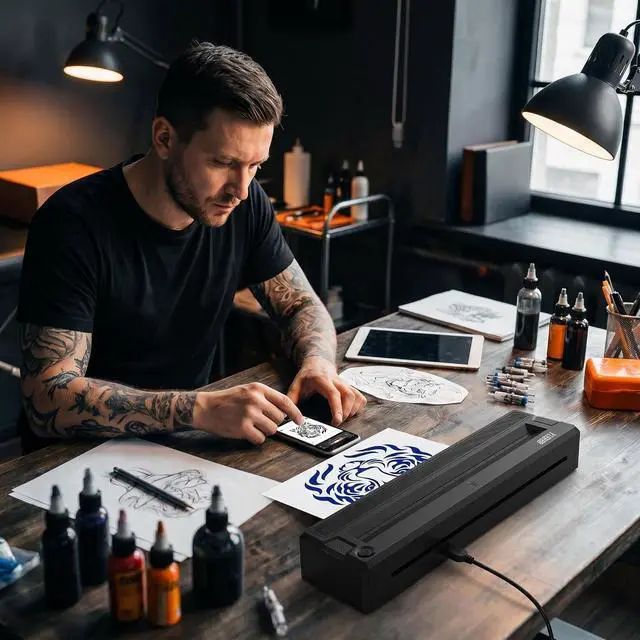 Alt view image 6 of 7 - Tattoo Stencil Printer, Portable Tattoo Printer, Wireless-Bluetooth-Thermal Tattoo Transfer Machine with 10pcs Thermal Papers & 3pcs Transfer Papers, Support Mobile & PC,Black