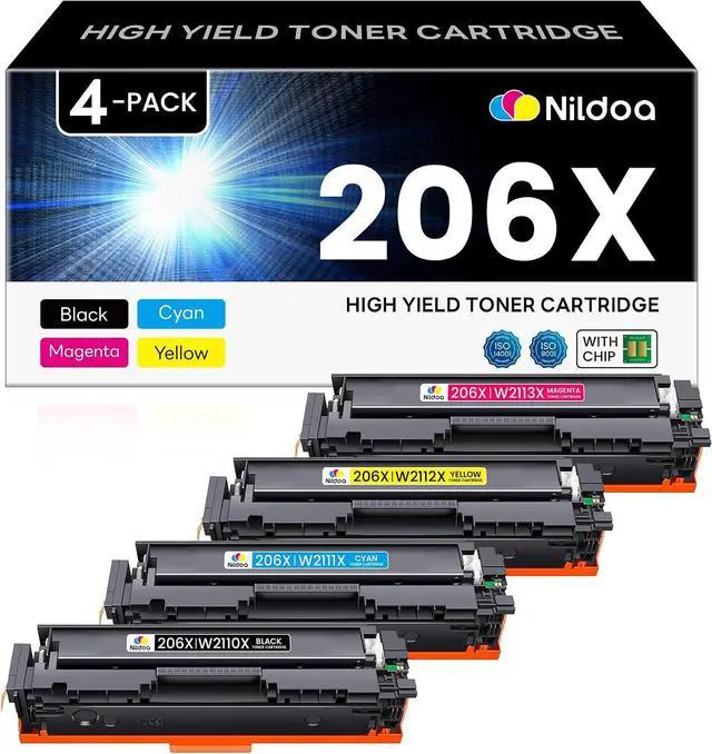 Main image of 206X Toner Cartridges 4 Pack with Chip Compatible 206X W2110X W2111X W2112X W2113X Replacement for HP 206X Black Cyan Yellow Magenta Color Pro M255dw M255nw; MFP M282nw M283cdw Printer Ink