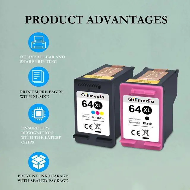 Alt view image 7 of 7 - GILIMEDIA 64XL Black Color Ink Cartridge Compatible for HP 64 Ink, 2 Pack