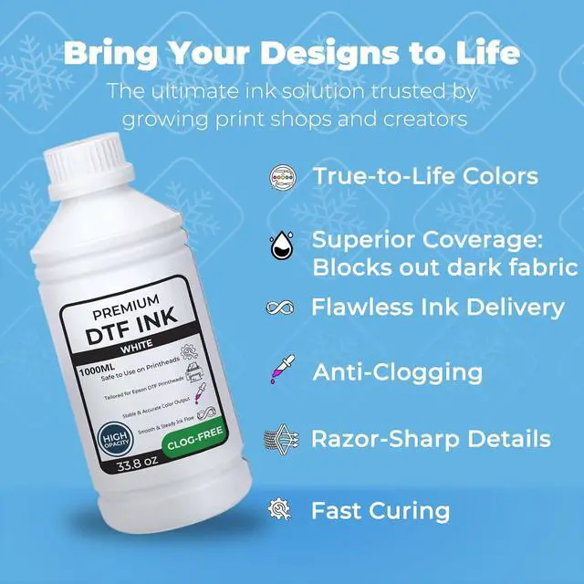 Alt view image 2 of 7 - Premium DTF Ink White 1000ML (33.8oz) - Anti-Clog, No Sediment, High Opacity DTF Transfer Ink for ET8550 L1800 i3200 XP600 XP15000 All DTF Printheads, Smooth Flow for Heat Transfer Film Shirt Printing