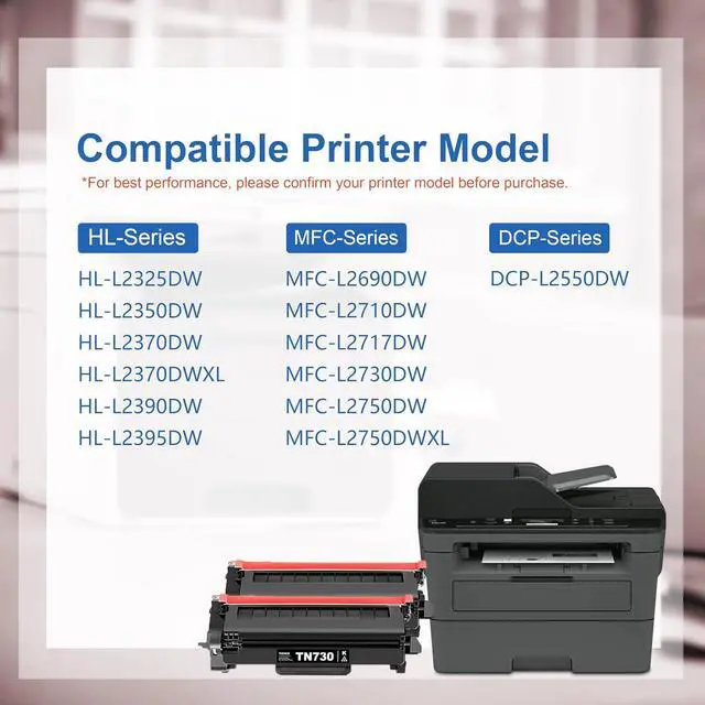 Alt view image 2 of 7 - TN730 TN-730 Toner Cartridge 2-Pack Replacement for Brother TN730 Toner Cartridge - Black DCP-L2550DW MFC-L2710DW MFC-L2750DW HL-L2350DW HL-L2370DW HL-L2395DW HL-L2390DW Printer