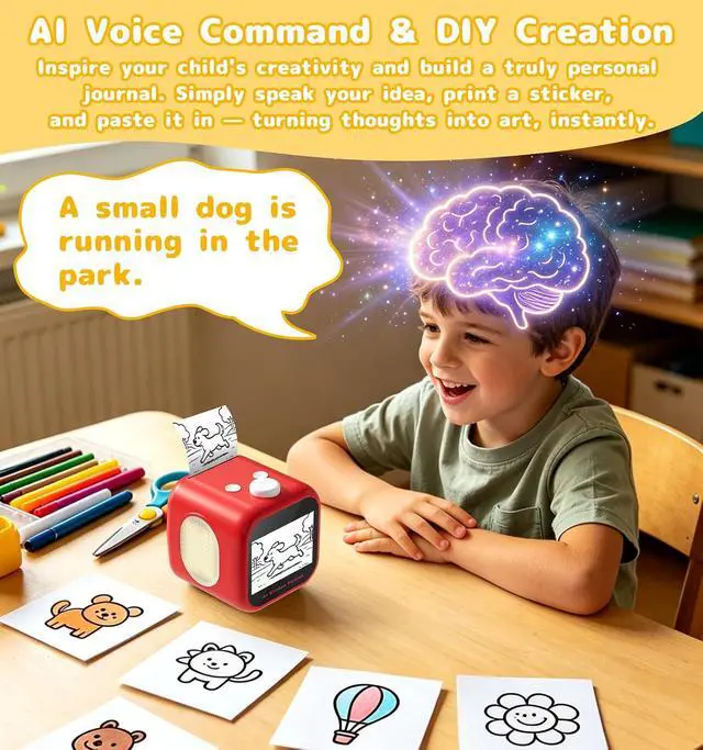 Alt view image 2 of 7 - AI Voice Sticker Printer, 3.5" HD Touchscreen Mini Thermal Inkless Printer with Ambient Light, WiFi Portable Sticker Maker Machine with 2000mAh Battery for Kids DIY, Journaling & Gift(Red)