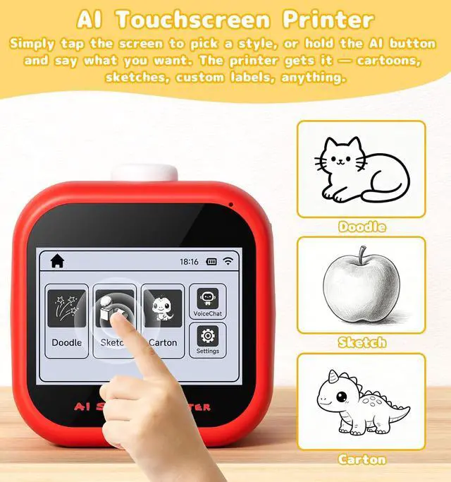 Alt view image 3 of 7 - AI Voice Sticker Printer, 3.5" HD Touchscreen Mini Thermal Inkless Printer with Ambient Light, WiFi Portable Sticker Maker Machine with 2000mAh Battery for Kids DIY, Journaling & Gift(Red)