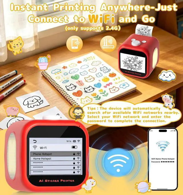Alt view image 5 of 7 - AI Voice Sticker Printer, 3.5" HD Touchscreen Mini Thermal Inkless Printer with Ambient Light, WiFi Portable Sticker Maker Machine with 2000mAh Battery for Kids DIY, Journaling & Gift(Red)