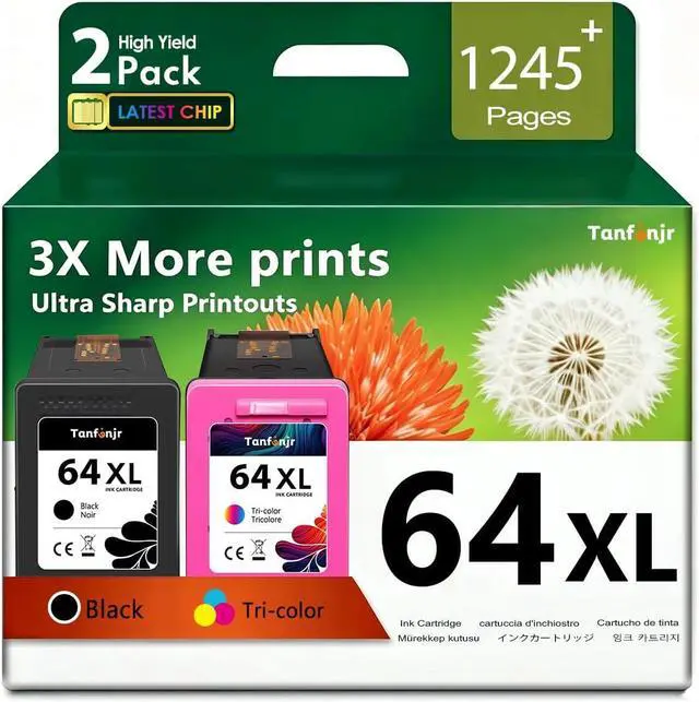 Main image of 64XL Ink Cartridges 2-Pack (Black & Tri-Color), Compatible Replacement for HP 64 64XL, Fits HP Envy Photo 6200 6255 7100 7155 7255 7275 7800 7855 7858 7975 Tango X Printer