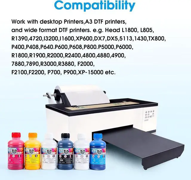Alt view image 7 of 7 - DTF Ink 1500ml Transfer Ink for PET Film Refill Ink for printheads ET-8550, XP-15000, XP600, I3200, L1800, Direct to Film Heat Transfer Printing, 250ml x 6 (2W+BKCMY)
