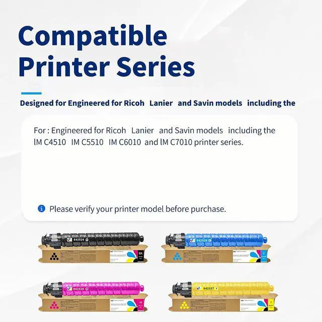 Alt view image 3 of 7 - IM C4510 IM C6010 Toner Cartridge 4-Pack, 842526 842529 842528 842527 Compatible with Ricoh Lanier Savin IM C4510 C5510 C6010 C7010 Printers, Black Cyan Magenta Yellow