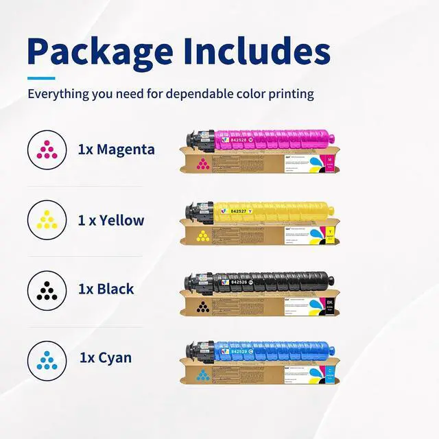 Alt view image 7 of 7 - IM C4510 IM C6010 Toner Cartridge 4-Pack, 842526 842529 842528 842527 Compatible with Ricoh Lanier Savin IM C4510 C5510 C6010 C7010 Printers, Black Cyan Magenta Yellow
