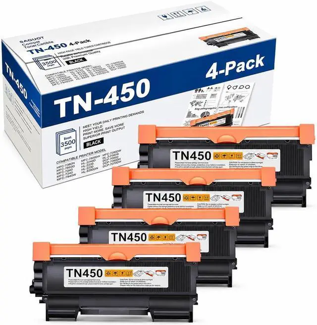Main image of TN450 Black High Yield Toner Cartridge 4-Pack Compatible Brother TN450 Toner Cartridge TN 450 Works with HL-2270DW HL-2280DW HL-2240 MFC-7360N MFC-7460DN MFC-7860DW IntelliFax 2840 2940 Printer