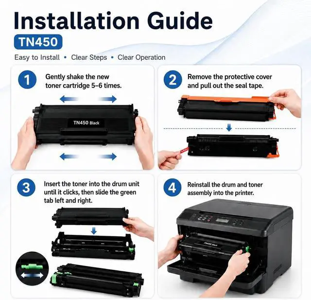 Alt view image 5 of 7 - TN450 Black High Yield Toner Cartridge 4-Pack Compatible Brother TN450 Toner Cartridge TN 450 Works with HL-2270DW HL-2280DW HL-2240 MFC-7360N MFC-7460DN MFC-7860DW IntelliFax 2840 2940 Printer