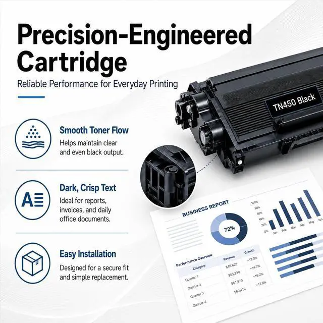 Alt view image 6 of 7 - TN450 Black High Yield Toner Cartridge 4-Pack Compatible Brother TN450 Toner Cartridge TN 450 Works with HL-2270DW HL-2280DW HL-2240 MFC-7360N MFC-7460DN MFC-7860DW IntelliFax 2840 2940 Printer