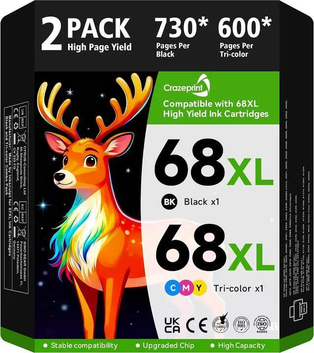 Main image of 68 68XL Ink Cartridges Black/Color Combo Pack Compatible for HP 68 Ink Cartridges Fit for Envy 6155e 6555e 6100e 6165e 6500e 6152e 6552e 6558e Printer (2 Pack, 1 Black, 1 Tri-Color)