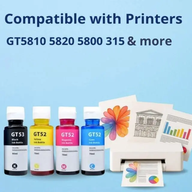 Alt view image 2 of 7 - 4-Pack Compatible Ink Bottles for HP GT52 & GT53 High-Yield Refill Ink for HP Smart Tank 500 Series, DeskJet GT 5810 & 5820 Cyan, Magenta, Yellow, Black